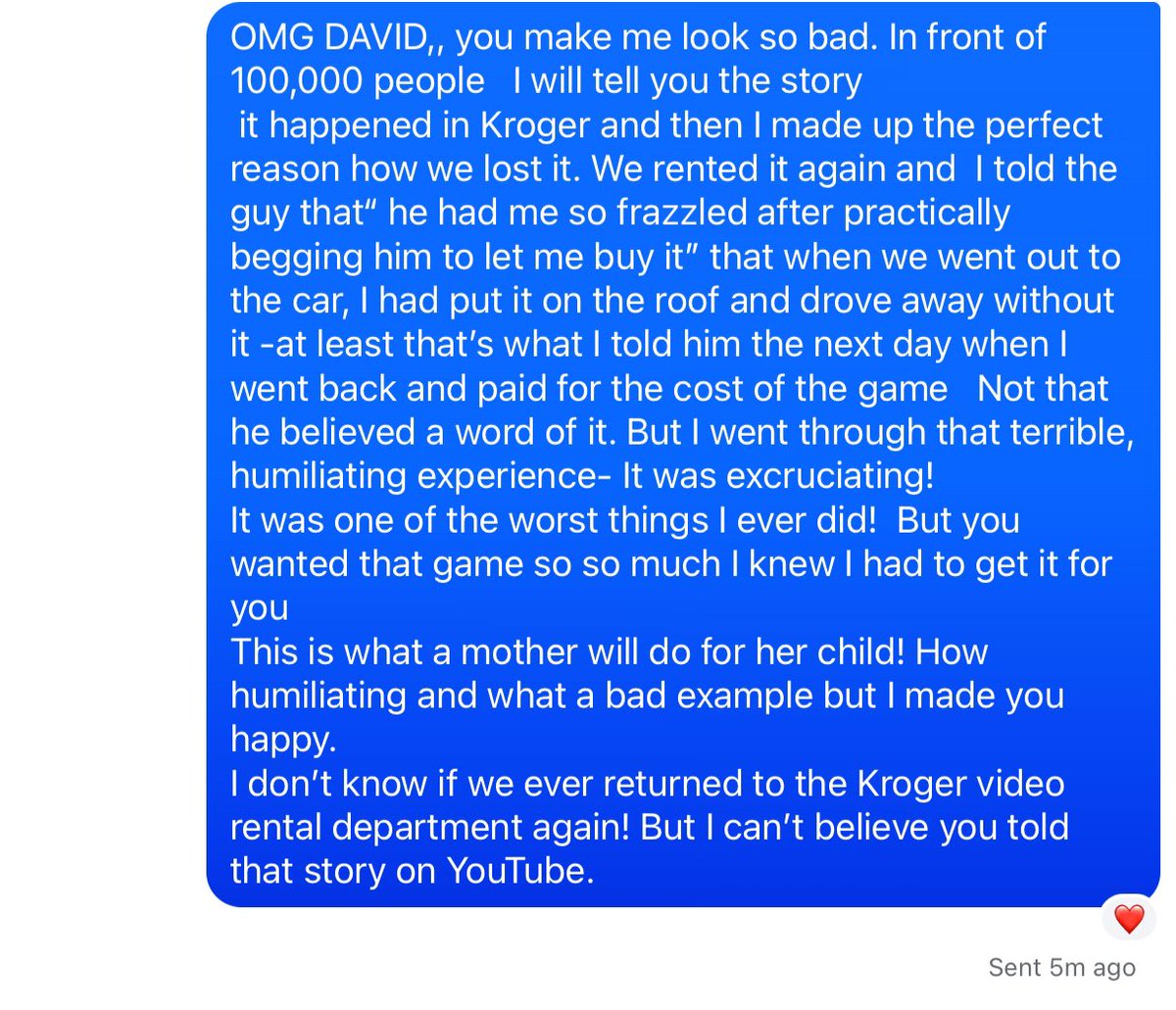 TheDavidVinc's tweet image. My mother’s response to the story I told in todays video. Nothing says “I love my kids” more than screwing over the video rental store LOL