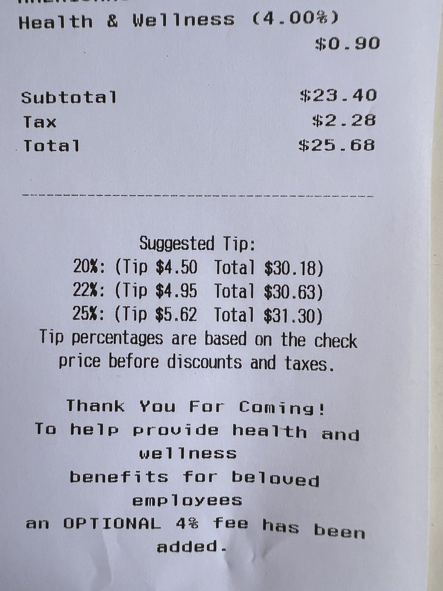 JacquiOatley's tweet image. Just as I think I’m getting used to America’s 🇺🇸 tipping culture (often tax, then gratuity PLUS extra tip - as well as digital tipping at the till for takeouts…) then I see this beauty: they’ve helpfully added on 4% extra for “health and wellness” for their staff.