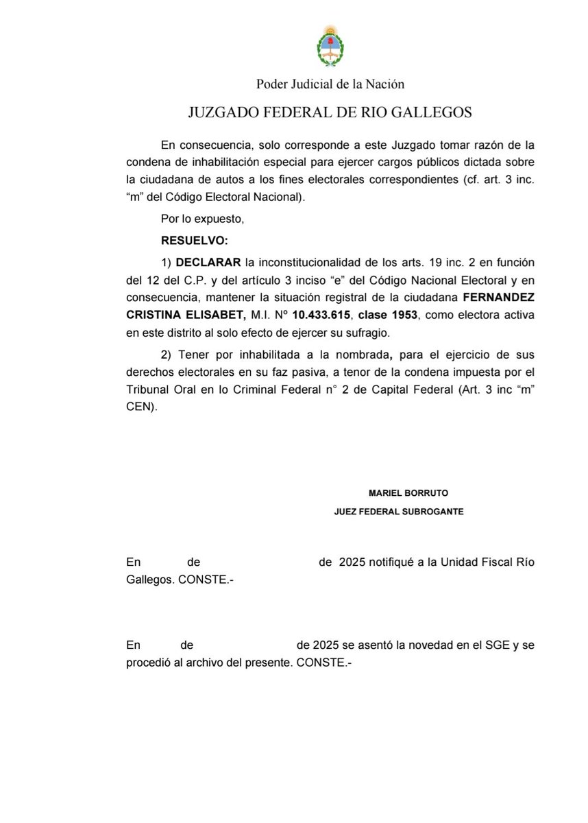 La Justicia de Santa Cruz contradice a la Corte y habilita a Cristina Kirchner a votar. Aunque operativamente no podría porque los presos sólo votan en unidades penitenciarias. No mandan urna a domicilio. Veremos.