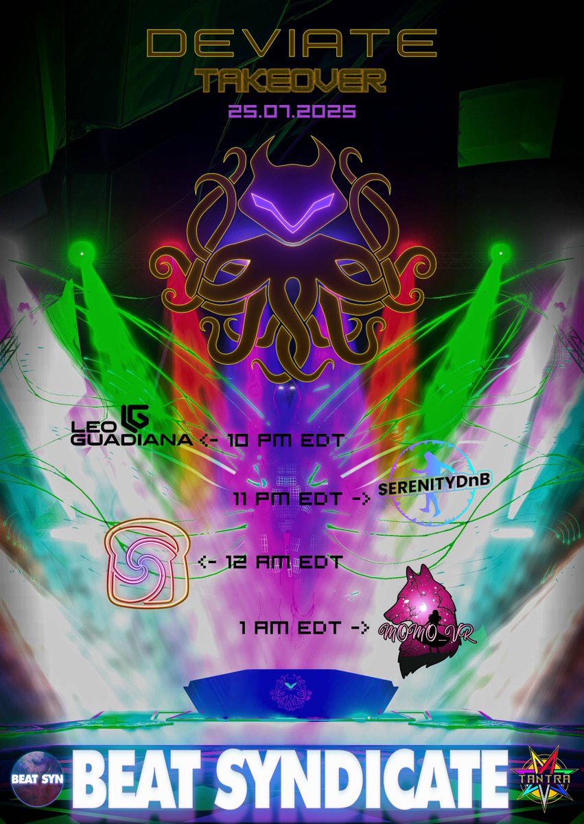 This Friday, Deviate is being taken over by TANTRA! 
Make sure to join us for even MORE colors, as we change the gears to the scenery this weekend! 

#DeviateVRC Featuring:

<a href="/LeoGuadiana_VR/">Leo_VR</a> 
<a href="/SerenityDnB/">Serenity</a> 
<a href="/ambrloaf/">Ambrloaf</a> 
<a href="/momo_vr0001/">~~Momo~~</a>