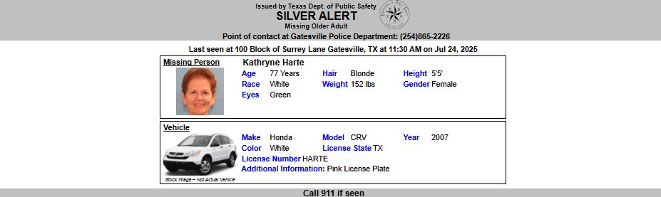 TX_Alerts's tweet image. ACTIVE SILVER ALERT for Kathryne Harte from Temple, TX, on 07/24/2025,Texas plate HARTE