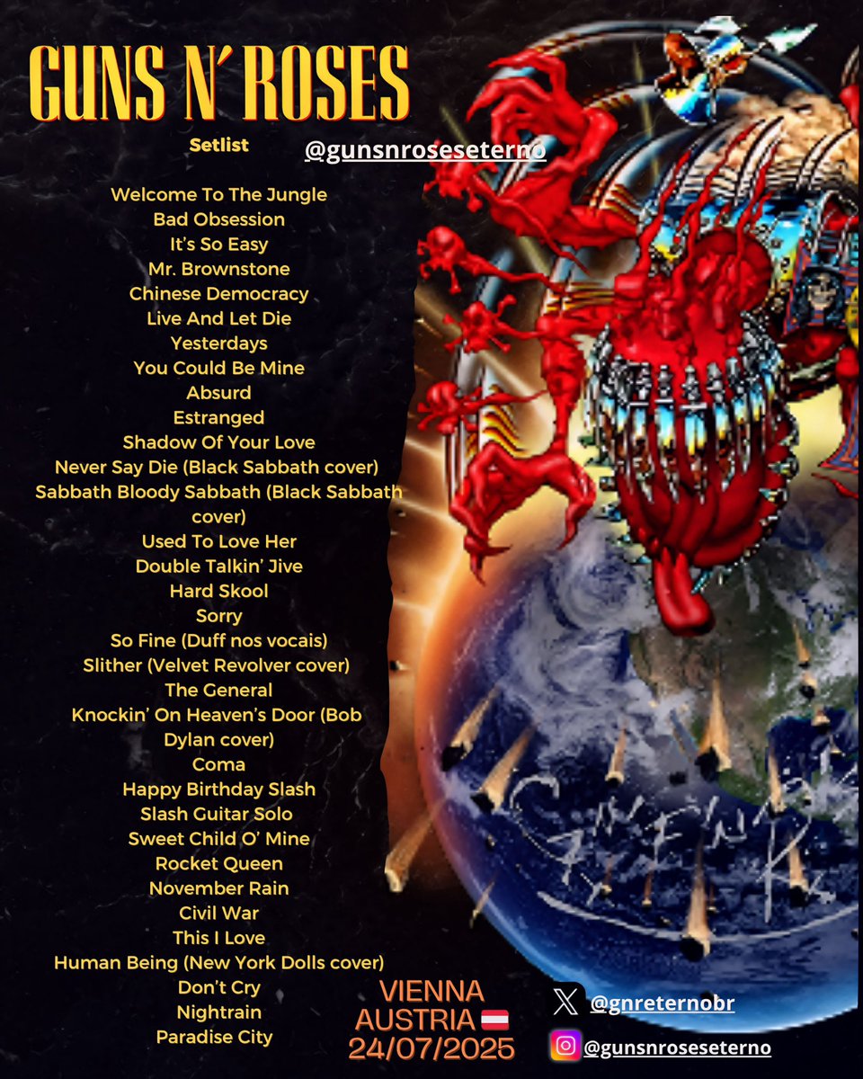 gnreternobr's tweet image. Setlist completo do show de hoje no Ernst Happel Stadion, Vienna, Austria 🇦🇹 24/07/2025
Notas: Axl dedicou o show a Ozzy Osbourne
Abertura: Sex Pistols com Frank Carter, Wolfmother
✍🏻 setlist por @htgth thanks 🤘
#GunsNRoses #GnFnR