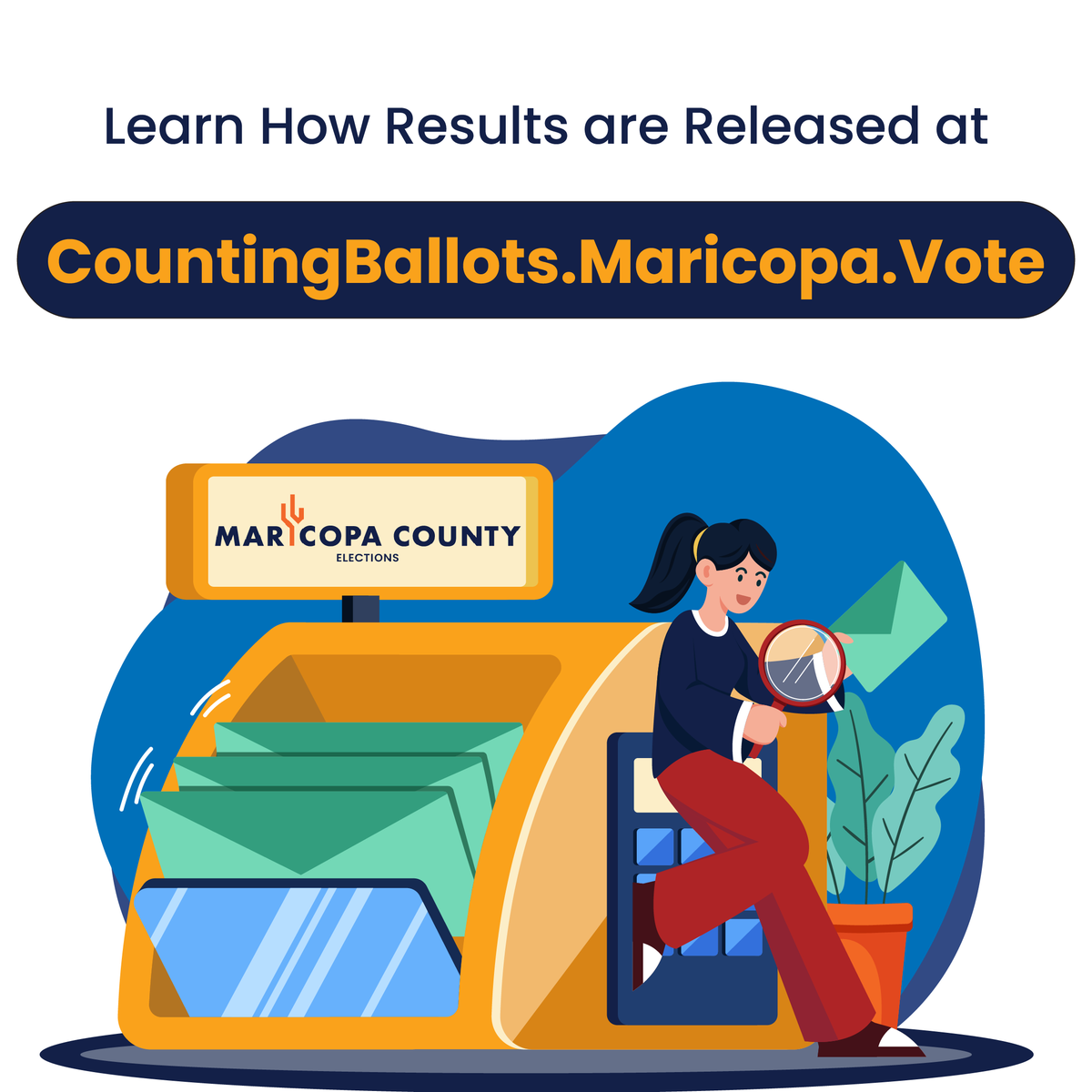 MaricopaVote's tweet image. Learn about how election results are reported and released in Maricopa County by heading to CountingBallots.Maricopa.Vote!
¡Descubra cómo se informan y publican los resultados electorales en el condado de Maricopa en ConteoDeVotos.Maricopa.Voto!