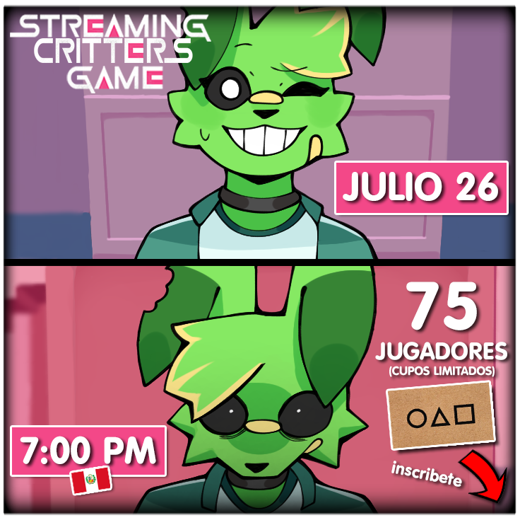 FrankieWestYT's tweet image. STREAMING CRITTERS GAME 2025 🦑
¡Llegó el momento, el evento inspirado en Squid Game llega al servidor!
- 75 jugadores. 1 solo ganador..
- Sábado 26 - 7PM 🇵🇪 en Roblox
🏆 ¡5 PREMIOS!
- Participa aquí: discord.gg/GuajAGbBRr
¡QUE COMIENCE EL JUEGO!
#SmilingCrittersAU