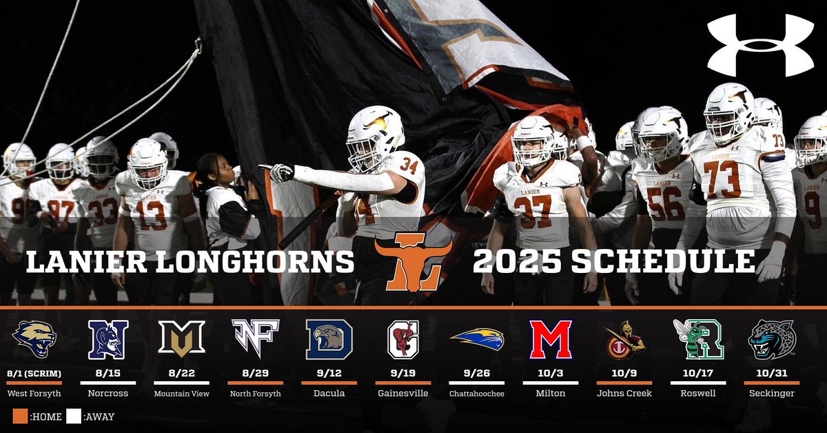 LanierFootball's tweet image. It’s almost that time! 🐂
Lanier Football 2025 Schedule