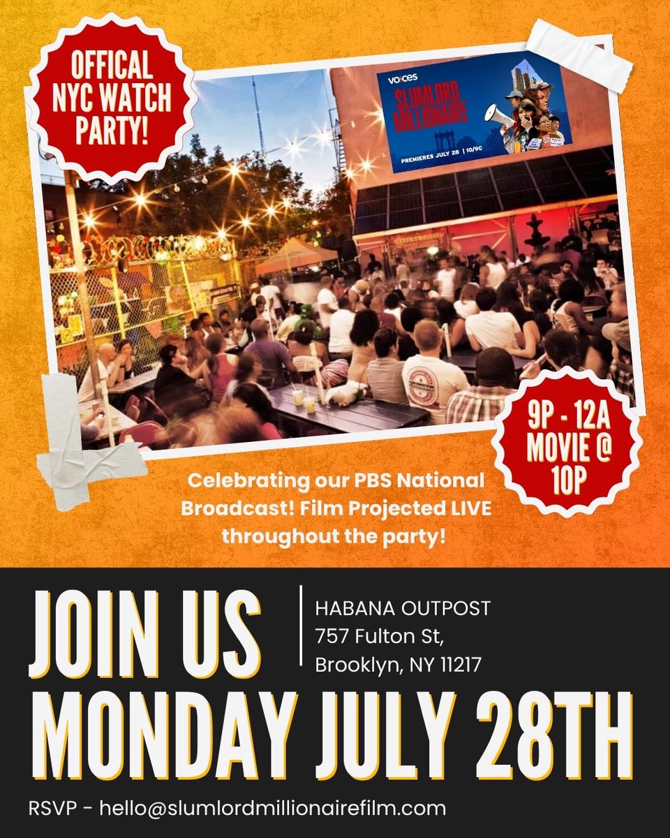 DOCNYCfest's tweet image. Celebrate with us in NYC!
Join the official watch party for SLUMLORD MILLIONAIRE on Monday, July 28 at 10PM at @HabanaOutpost in Brooklyn.
The film will be projected live + outdoors, free + open to the public. See you there!