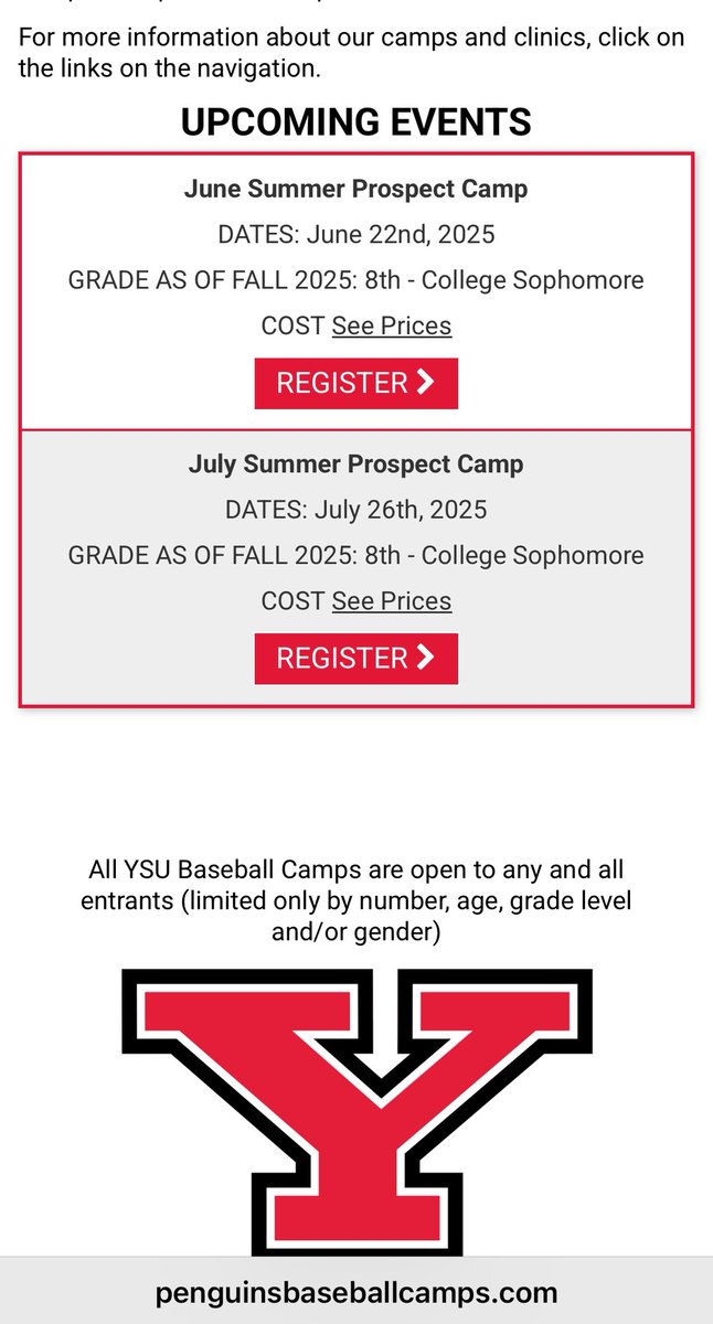 Excited to attend Saturdays Youngstown U. prospect 
camp⬇️
bit.ly/40gqMZQ
⚾️
My⬇️
YouTube
bit.ly/3ZDQxTx
PG
bit.ly/3ZRx7dv
.
<a href="/Trevcharp/">Trevor Charpie</a>
<a href="/dylan_moser18/">Dylan Moser</a> 
<a href="/RodneyLopezII/">Rodney Lopez II ⚾🐧🇺🇸</a> <a href="/CoachSwish29/">Caleb Swisher 🐧</a> 
⚾️
<a href="/DirectRecruits/">Direct Recruits</a> <a href="/BaseballCf/">CF Uncommitted Baseball</a> 
<a href="/CoastRecruits/">Coast 2 Coast Recruits</a> @now_d1 <a href="/3leftsbaseball/">3 LEFTS BASEBALL</a>
