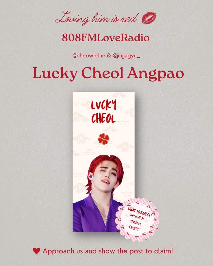cheowielne's tweet photo. Knock knock!! Lucky Cheol is here!! 🍀💋

@jinjjagyu_ and I will be giving cheol angpaos on August 9 at #808FMLoveRadio by @svtloveclvb  

this is not for trade! 🥹
We will be posting our loc on d-day to claim! 

see you? ❤️ https://t.co/BaMN5m2YZ9