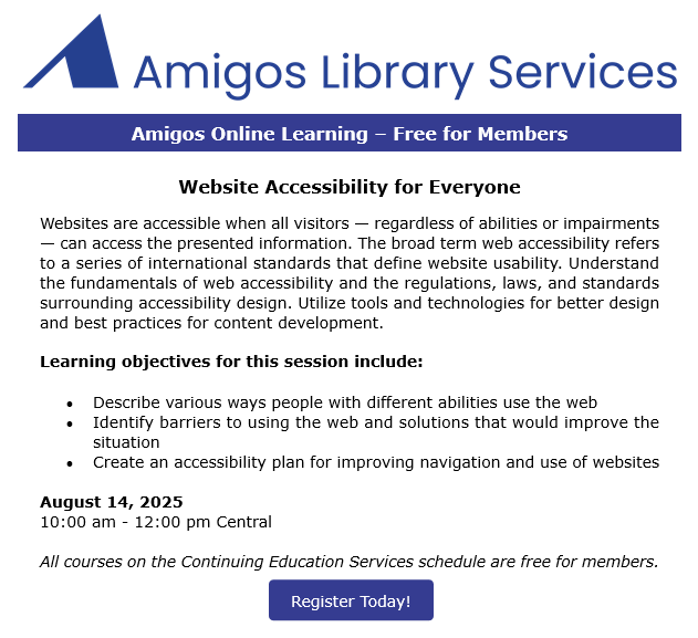 AmigosLibServ's tweet image. register.amigos.org/website-access… #AmigosLiveOnline #librarylearning #continuingEd #AmigosContEd