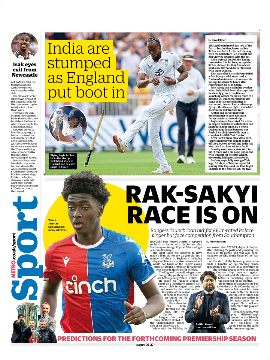 Friday's back page                                         

RAK-SAKYI
RACE IS ON   

Rangers ‘launch loan bid’ for £10m-rated Palace winger but face competition from Southampton

#TomorrowsPapersToday #scotpapers #skypapers #BBCPapers