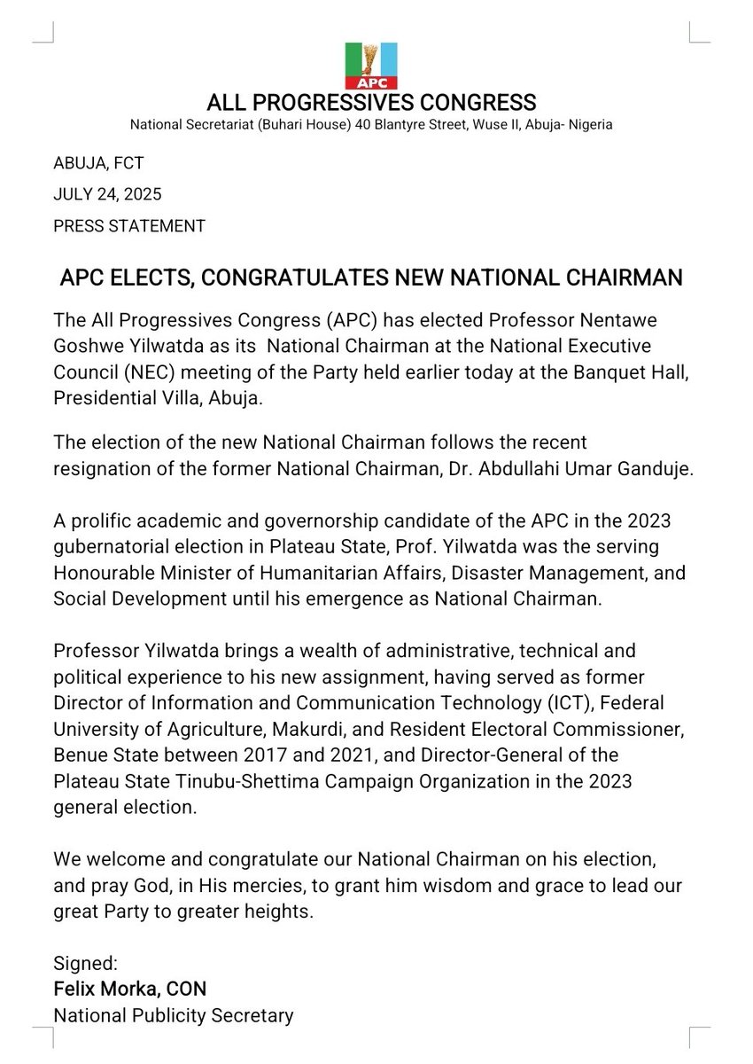 OfficialAPCNg's tweet image. APC ELECTS, CONGRATULATES NEW NATIONAL CHAIRMAN
Professor Nentawe Goshwe Yilwatda brings a wealth of administrative, technical and political experience to his new assignment...