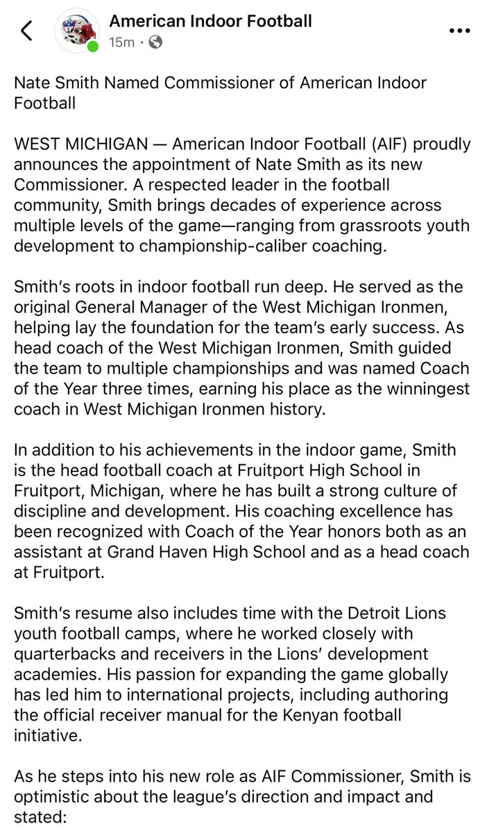 XFLMike's tweet image. NEWS:

American Indoor Football appoint Nate Smith as its new commissioner. 

Per AIF Facebook Post

#AIF #AIF2026