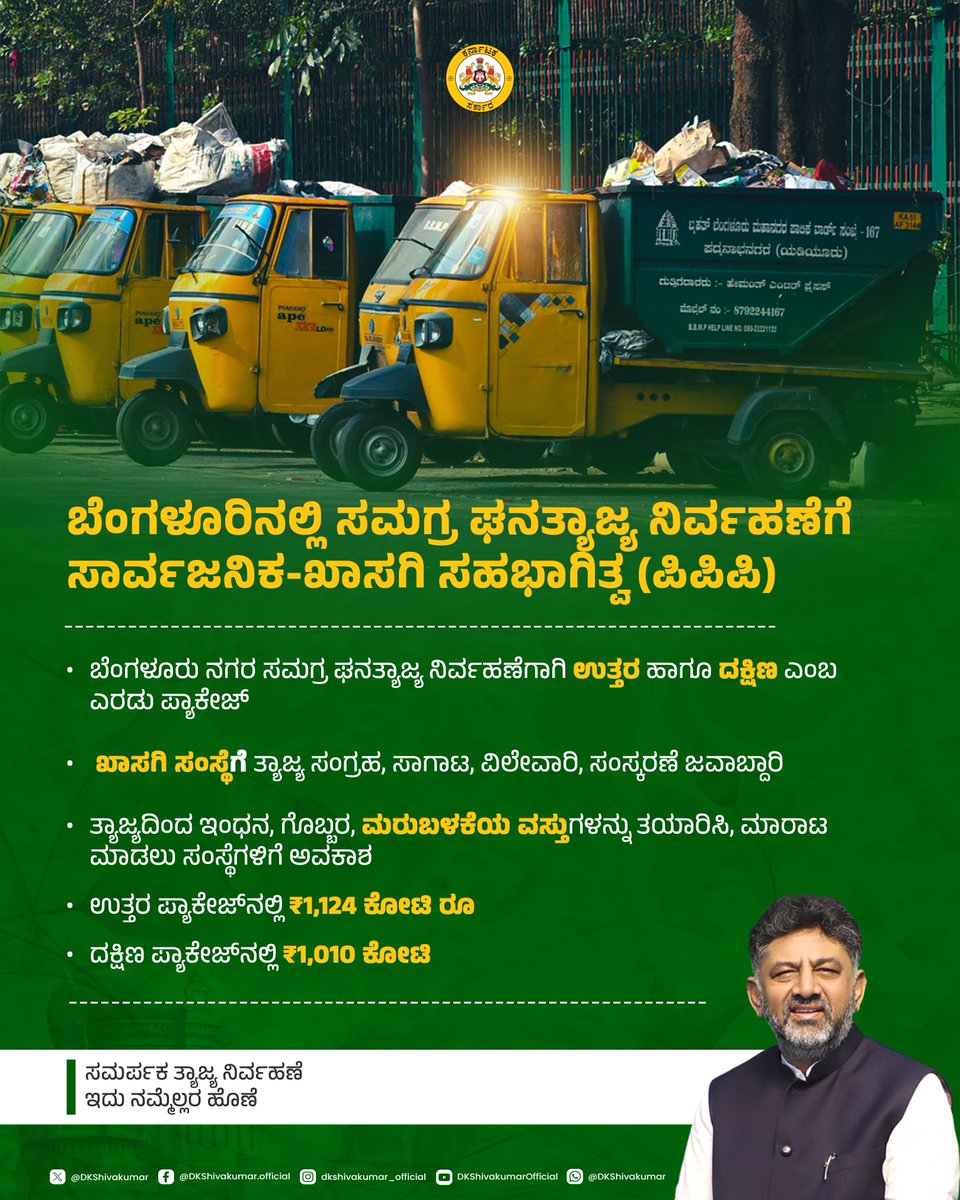 DKShivakumar's tweet image. ಸಮರ್ಪಕ ತ್ಯಾಜ್ಯ ನಿರ್ವಹಣೆ- ನಮ್ಮೆಲ್ಲರ ಹೊಣೆ
ಬೆಂಗಳೂರಿನ ತ್ಯಾಜ್ಯ ಸಮಸ್ಯೆಗಳಿಗೆ ಮುಕ್ತಿ ನೀಡುವ ಉದ್ದೇಶದಿಂದ, ಸಮಗ್ರ ಘನ ತ್ಯಾಜ್ಯ ನಿರ್ವಹಣೆಗಾಗಿ ಸಾರ್ವಜನಿಕ- ಖಾಸಗಿ ಸಹಭಾಗಿತ್ವವನ್ನು ಅಳವಡಿಸಿಕೊಳ್ಳುತ್ತಿದ್ದೇವೆ. ಟೆಂಡರ್ ಕರೆದು ಆ ಮೂಲಕ ಖಾಸಗಿ ಸಂಸ್ಥೆಗಳಿಗೆ ಕಸ ಸಂಗ್ರಹಣೆ, ವಿಲೇವಾರಿ ಹಾಗೂ ಮರುಬಳಕೆಯವರೆಗಿನ ಜವಾಬ್ದಾರಿಗಳನ್ನು…