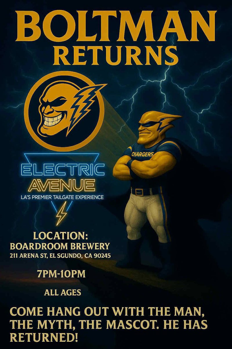 EA_Tailgate's tweet photo. Come hangout this weekend with, the man, the myth, the legend, the mascot has returned! #ElectricAvenue #BoltMan #EATailgate #BoltUp https://t.co/coT1hRsR44
