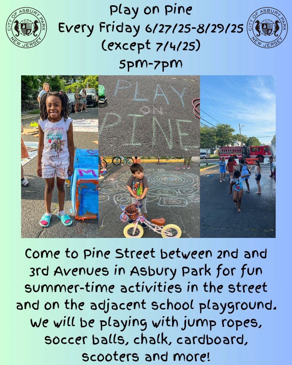 Join us on Pine Street between 2nd and 3rd Avenues every Friday from July 11 to August 29, 2025 from 5pm to 7pm for Play on Pine. Children must be supervised by an adult. Weather permitting.