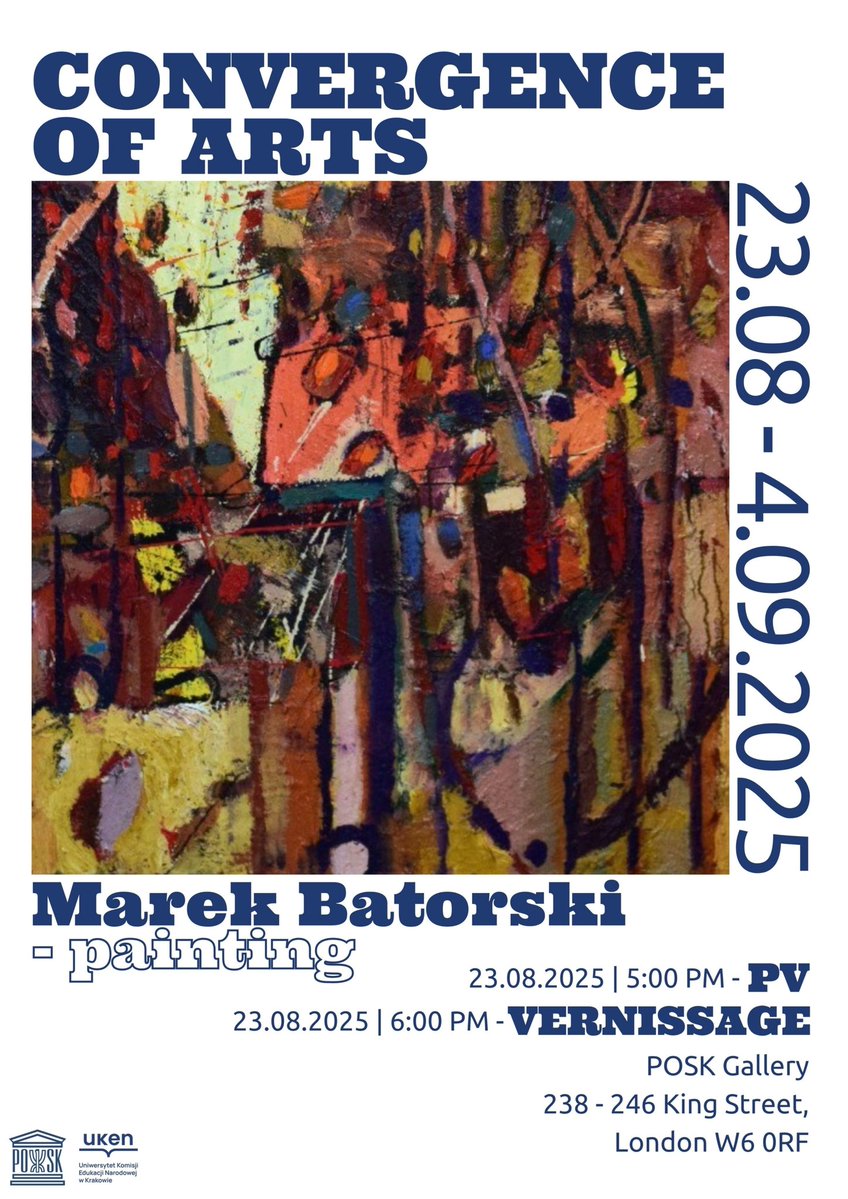 Next month at Posk Gallery 

Convergence of arts 🎨 Exhibition by Marek Batorski 🖼 

📅 23 August - 4 September 2025

Free Entry
