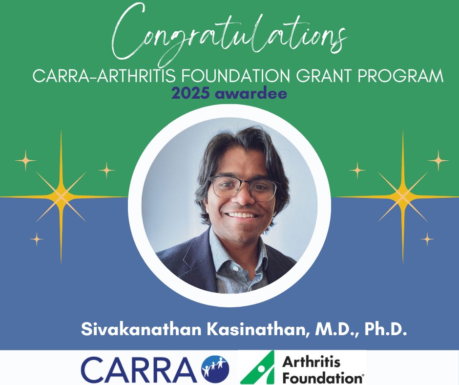 carrainc's tweet image. 🎉 Congratulations to Sivakanathan Kasinathan, M.D., Ph.D., of @StanfordMed on his 2025 CARRA-Arthritis Foundation Grant! He received a Mentored Career Development Award for his research into the Analysis of Somatic Genetic Variation in Pediatric Rheumatic Diseases.🙌🏽