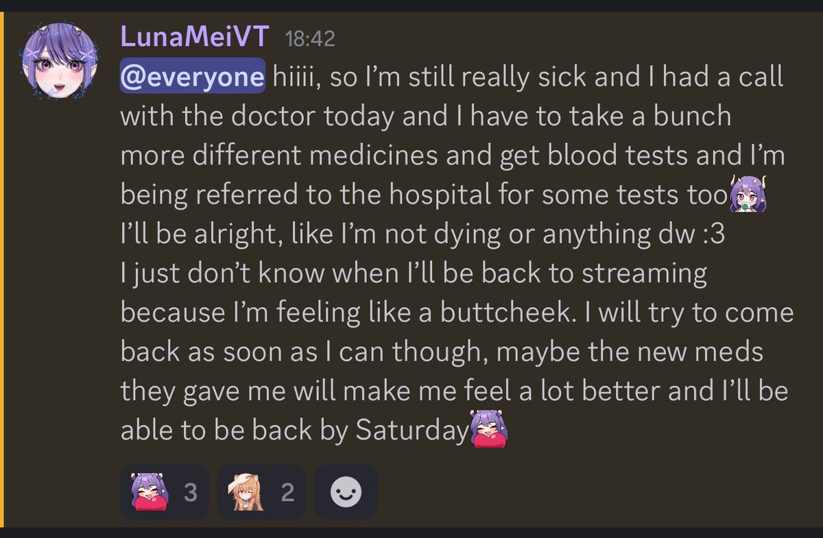 LunaMeiVT's tweet image. Just a lil update from the diseased succubus…hopefully I’ll be fixed soon🩷
