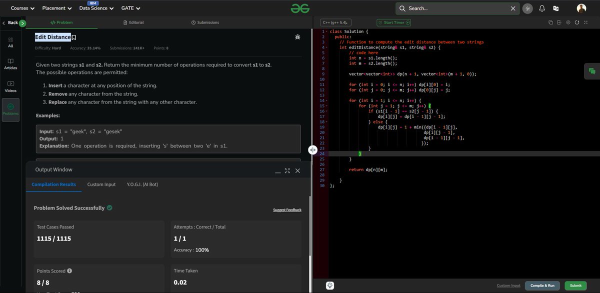 sachinkg_13's tweet photo. ✅ Day 116 #gfg160
📍 Q: Edit Distance
🎯 Classic DP — convert one string to another
🧮 Insert / Delete / Replace
⏱️ Time: O(n·m)
📦 Space: O(n·m)
#DynamicProgramming #EditDistance #Strings #DSA #100DaysOfCode #CPlusPlus https://t.co/pqSEchU61Q