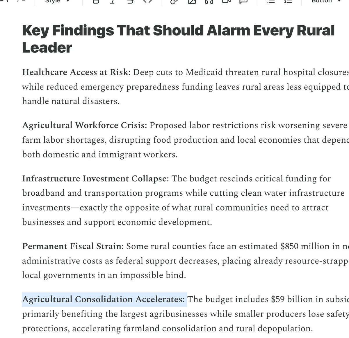 RuralOrganizing's tweet image. RuralProgress analysis: New federal budget creates 'unprecedented' threats to economic stability and public services in rural America. Learn more: ruralorganizing.substack.com/p/new-policy-m…