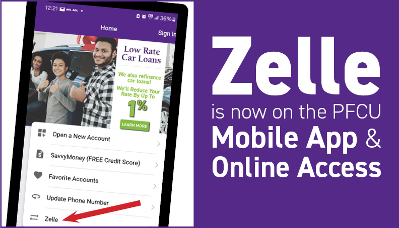 Zelle is available on PFCU's Mobile App &amp; Online Access! Visit bit.ly/3IE3w2h to start. Find Zelle in the center of the app's home page and at the bottom under "Move Money." In Online Access, it's on the left in "Money Management" and at the top under "Pay &amp; Transfer."