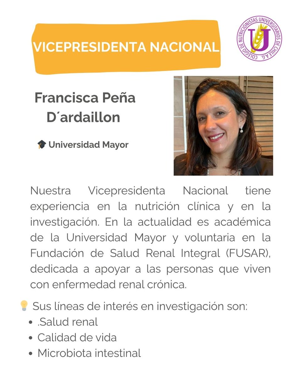 nutrichile's tweet image. ¡🎉 Conoce a nuestra Vicepresidenta Nacional! 🎉

👉 Francisca Peña D´ardaillon  
🎓 Universidad Mayor
💪 Experta en nutrición clínica e investigación 
🙌🏻 Docente en Universidad Mayor y voluntaria en Fundación Salud Renal Integral 
#ColegiodeNutricionistas