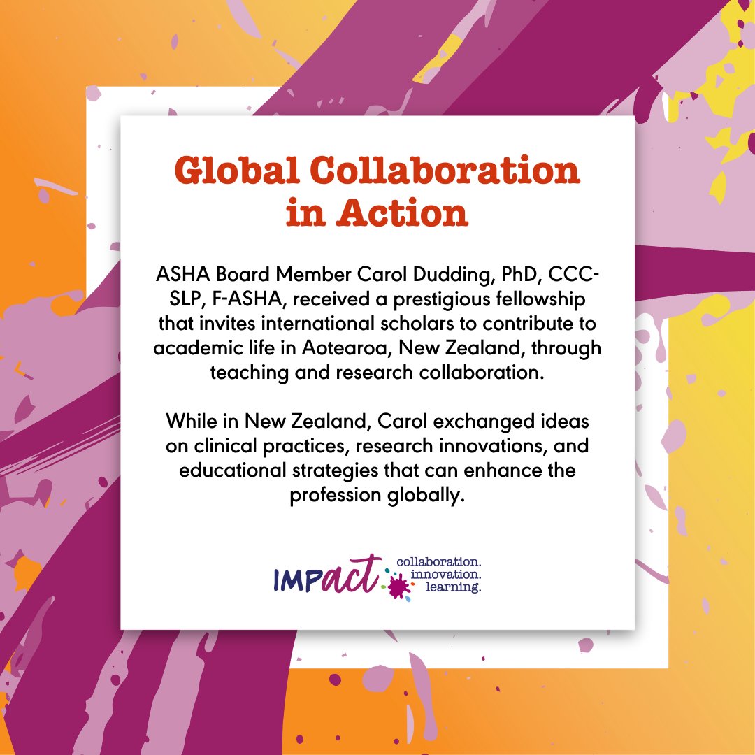 ASHAWeb's tweet image. As an Erskine Fellow at the University of Canterbury in Christchurch, ASHA Board Member Carol C. Dudding, PhD, CCC-SLP, F-ASHA, collaborated with academic and clinical leaders in Aotearoa, New Zealand. Read Carol's Impact story and share your own: at.asha.org/Ip