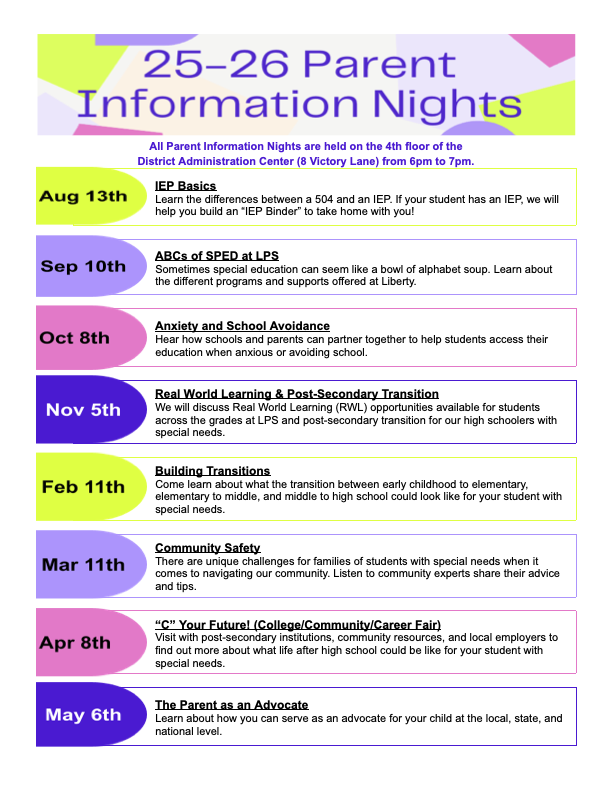 LIBERTYSCHOOLS's tweet photo. Mark your calendars! The LPS Special Services Department is hosting several incredible parent information sessions throughout the 2025-2026 school year. The first is coming up on August 13th and will focus on the basics of an IEP. We hope you'll join us! #InThisTogetherLPS https://t.co/YB7mFBvi2k
