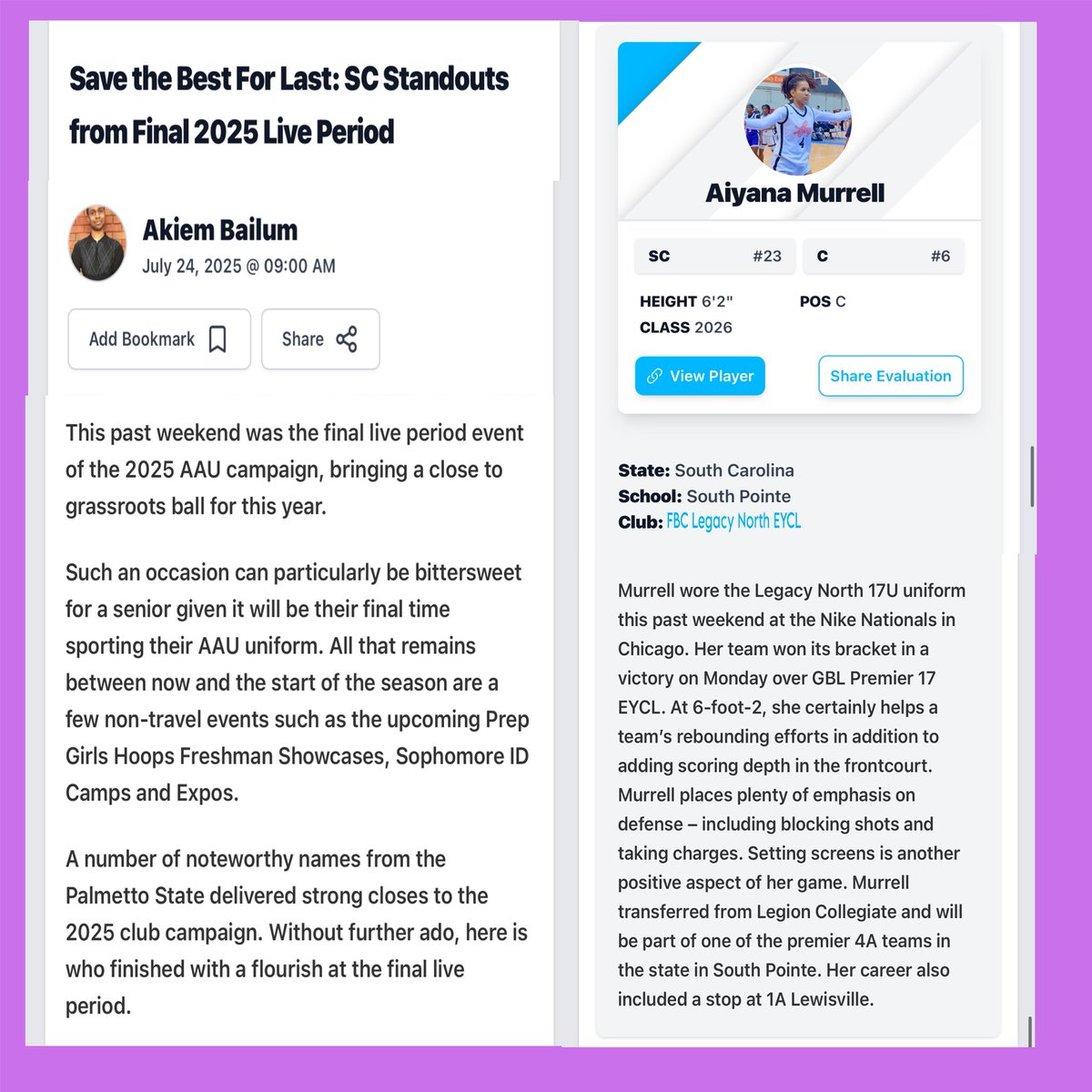 Aiyana Murrell (@aiyanas_sports) on Twitter photo Thanks for the love <a href="/AkiemBailum/">𝗔𝗸𝗶𝗲𝗺 👨🏾💻🎙🎥📰📺📸</a> <a href="/PGH_SCarolina/">Prep Girls Hoops South Carolina</a>
Defense wins wars 💪🏽
<a href="/SouthPointeWBB/">SouthPointeHS WBB</a>
<a href="/LegacyNike17u/">Legacy Nike EYCL 17u</a>
<a href="/a1hoopsreport/">A1 HOOPS REPORT</a> <a href="/BallHerHoopsCLT/">BallHer coach Holt</a> <a href="/pitts_academy/">COACH PITTS</a> <a href="/cltmediagroup/">CLT Media Group</a> <a href="/MMBR_CoachGBell/">Major Movez Basketball Review #MMBR</a> <a href="/CghrMedia/">CGHRMedia</a> <a href="/CoachJayeDavid/">John David Edwards</a> <a href="/JrAllStarBB/">Jr. All-Star Girls Basketball</a> <a href="/niketoc/">Nike Tournament of Champions</a> <a href="/NikeGirlsEYBL/">Nike Girls EYBL</a> <a href="/nikegirlseycl/">Nike Girls EYBL Champions League</a> Thanks for the love <a href="/AkiemBailum/">𝗔𝗸𝗶𝗲𝗺 👨🏾💻🎙🎥📰📺📸</a> <a href="/PGH_SCarolina/">Prep Girls Hoops South Carolina</a>
Defense wins wars 💪🏽
<a href="/SouthPointeWBB/">SouthPointeHS WBB</a>
<a href="/LegacyNike17u/">Legacy Nike EYCL 17u</a>
<a href="/a1hoopsreport/">A1 HOOPS REPORT</a> <a href="/BallHerHoopsCLT/">BallHer coach Holt</a> <a href="/pitts_academy/">COACH PITTS</a> <a href="/cltmediagroup/">CLT Media Group</a> <a href="/MMBR_CoachGBell/">Major Movez Basketball Review #MMBR</a> <a href="/CghrMedia/">CGHRMedia</a> <a href="/CoachJayeDavid/">John David Edwards</a> <a href="/JrAllStarBB/">Jr. All-Star Girls Basketball</a> <a href="/niketoc/">Nike Tournament of Champions</a> <a href="/NikeGirlsEYBL/">Nike Girls EYBL</a> <a href="/nikegirlseycl/">Nike Girls EYBL Champions League</a>
