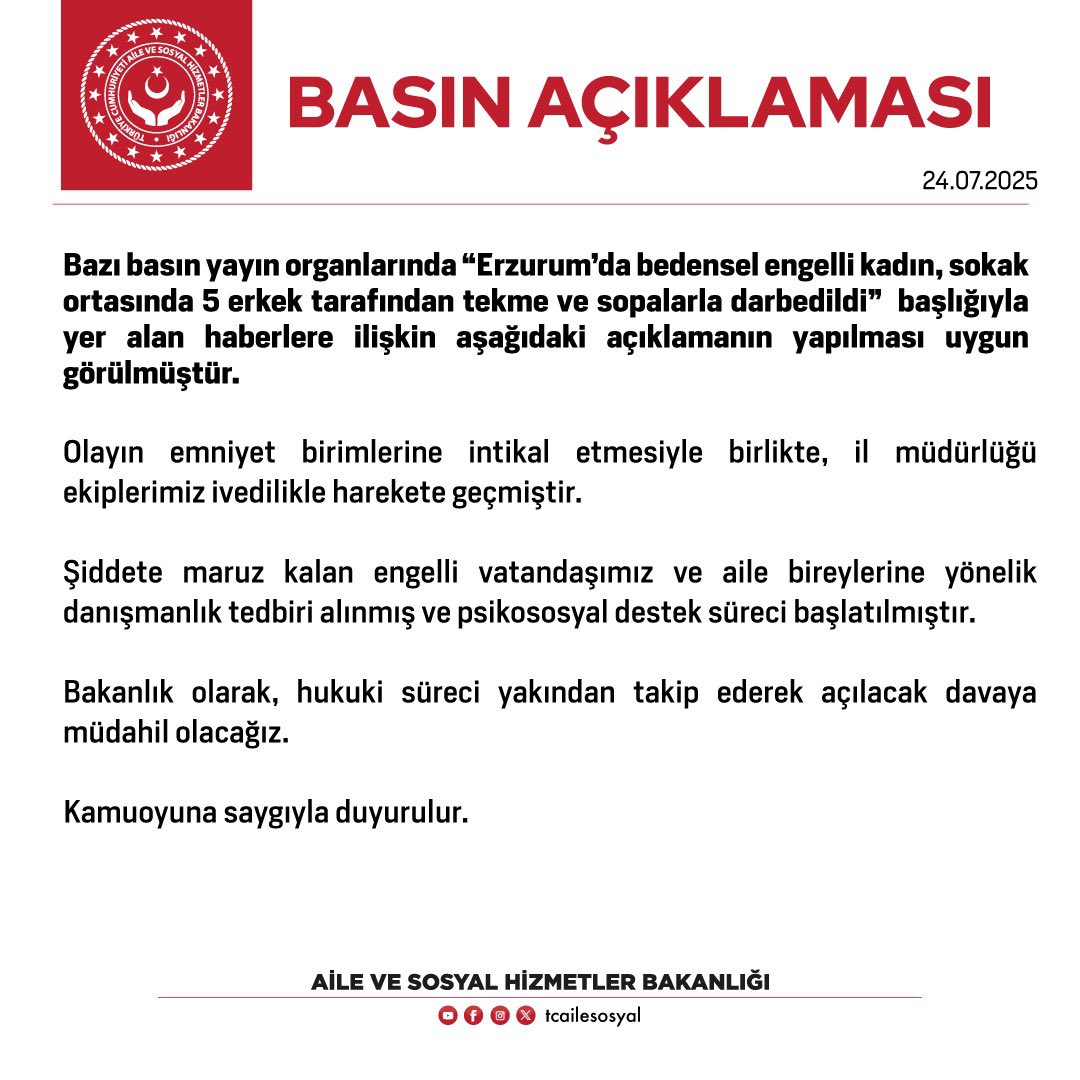 tcailesosyal's tweet image. ❗️ Bazı basın yayın organlarında “Erzurum’da bedensel engelli kadın, sokak ortasında 5 erkek tarafından tekme ve sopalarla darbedildi” başlığıyla yer alan haberlere ilişkin basın açıklamamız.