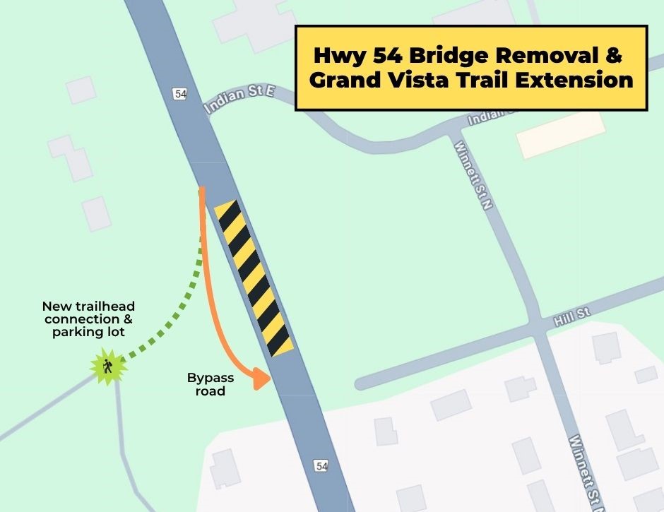 🚧 Hwy 54 Bridge Removal &amp; Trail Expansion project update 🚧

The Bridge will be closed beginning approx 4:30pm today with the bypass road in place for 2-way traffic. Please follow the speed limit of 30 km/h while using the bypass. 

Learn more: ow.ly/WC0A50WuRo4