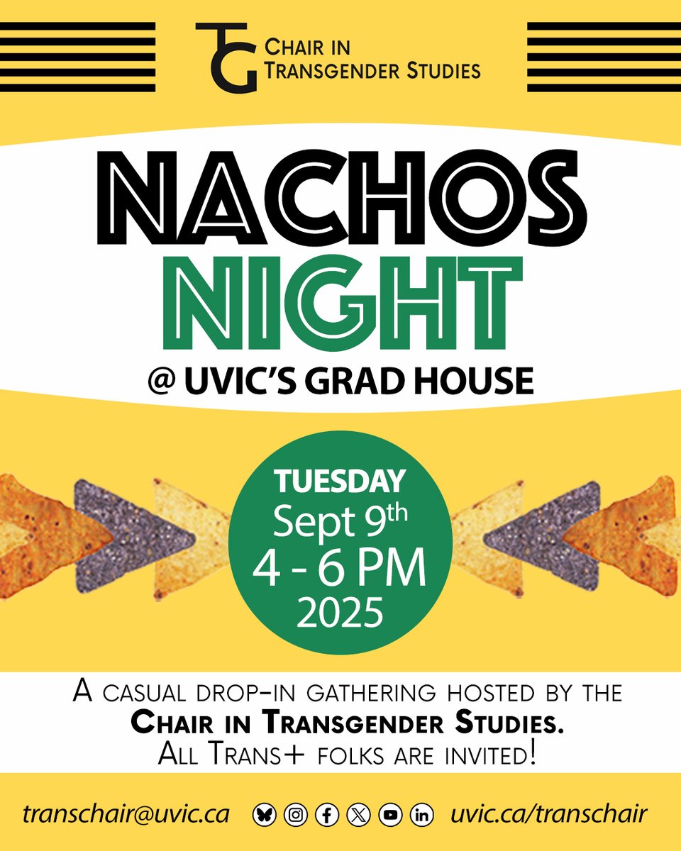 🥤NEXT NACHOS NIGHT! 🍟

After a short break in August, Nachos Night will return in September.

Mark your calendars:

Nachos Night
Tuesday, September 9, 2025
4:00 PM - 6:00 PM
@ UVic Grad House

#trans #uvic #yyj