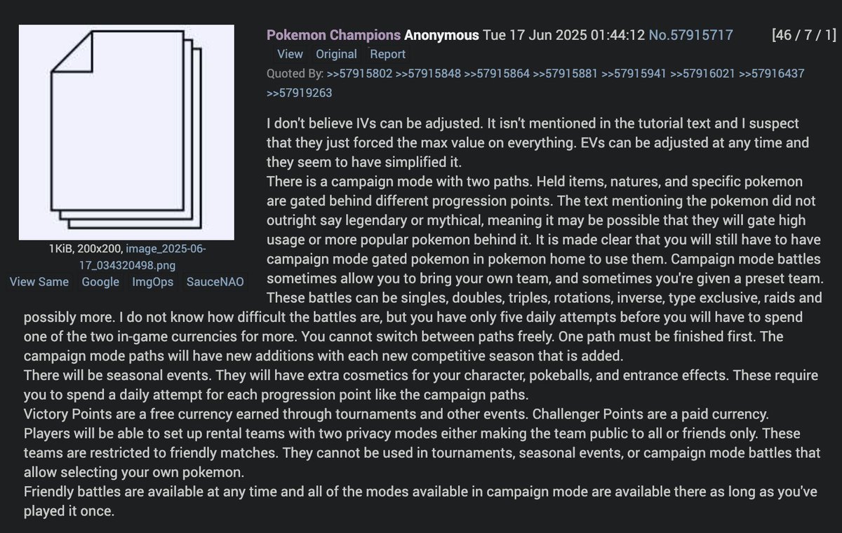 🚨 POTENTIAL REAL POKÉMON CHAMPIONS LEAK

We have confirmed both of these posts were posted on 4chan before the Pokémon Presents, on May 17th and June 17th respectively and accurately described Victory Points before the reveal.

- Launches on January 2026
- Gen 10 won't have a