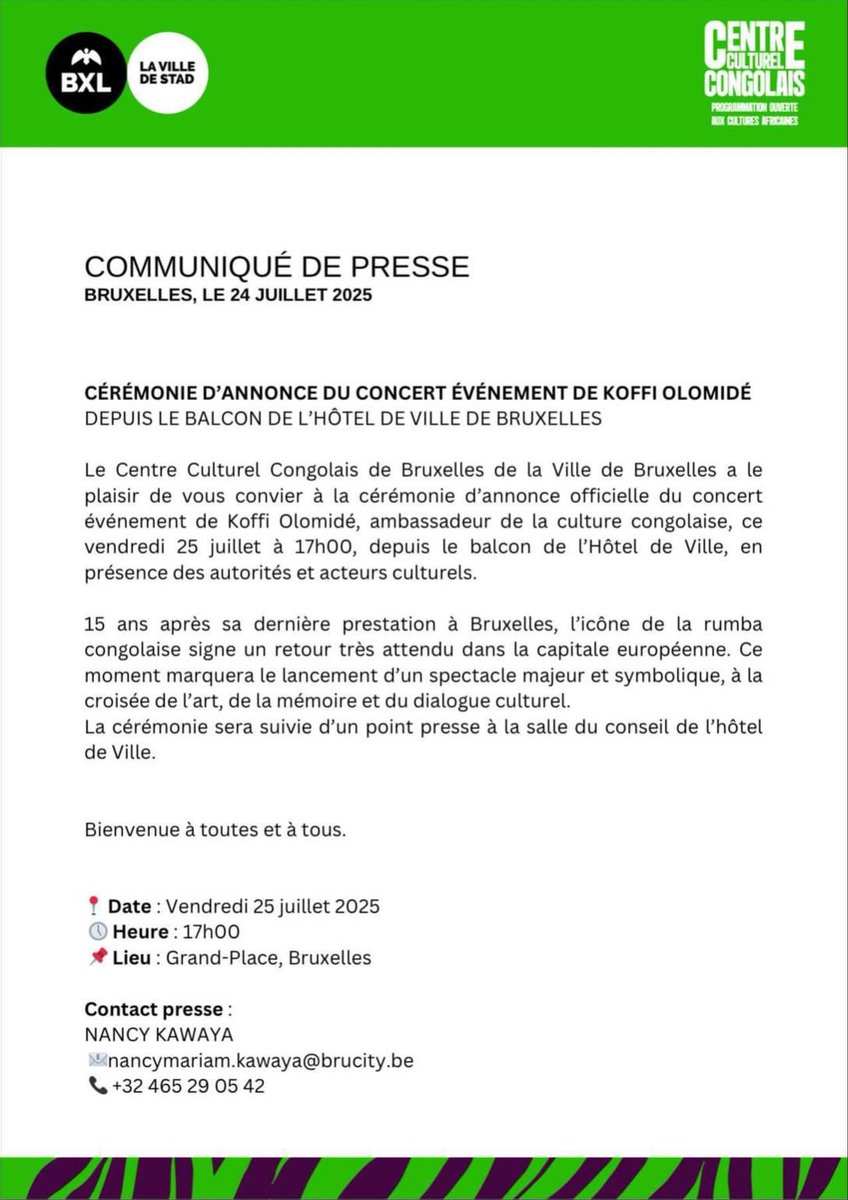 BestPlay__'s tweet image. 🚨KOFFI OLOMIDE🚨
15 ans après sa dernière prestation, la légende de la rumba congolaise annonce son grand concert depuis le balcon de l’Hôtel de Ville de Bruxelles ce vendredi 25 juillet à 17h. Un moment historique pour la culture congolaise en plein cœur de l’Europe.