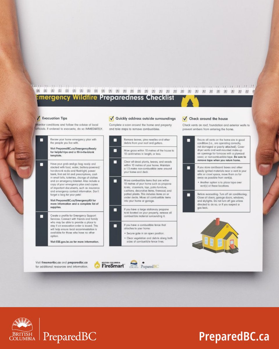 PreparedBC's tweet image. Check out the Emergency Wildfire Preparedness Checklist to see some of the key steps you can take to prepare for #BCwildfire: ow.ly/oltH50Wrzet 🔥
Be sure to check out @FireSmartBC for more!