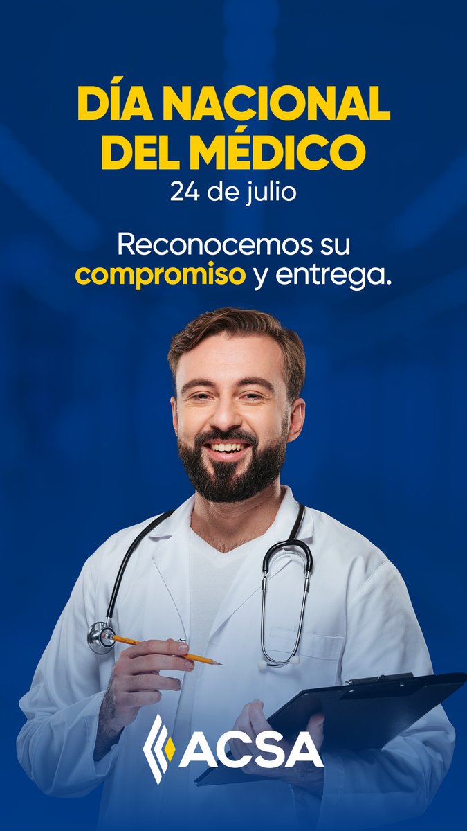 👨‍⚕️👩‍⚕️ ¡Feliz día nacional del médico! 🩺

En especial, reconocemos con orgullo a los profesionales que forman parte de nuestra red médica, pilares fundamentales en el cuidado de la salud de los asegurados ACSA.

¡Feliz día nacional del médico! 🩺