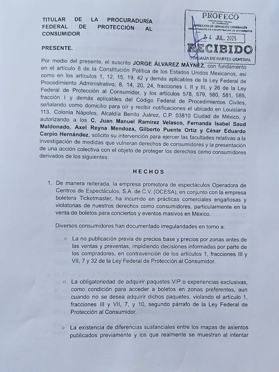 AlvarezMaynez's tweet image. El Congreso no ha aprobado nuestra propuesta para regular a las boleteras, aunque ya se votó a favor en Comisiones.
Por eso hoy acudimos a la Profeco para solicitar formalmente:
1. Que se publiquen antes de vender boletos todos los precios, cargos extra, mapas de asientos y…