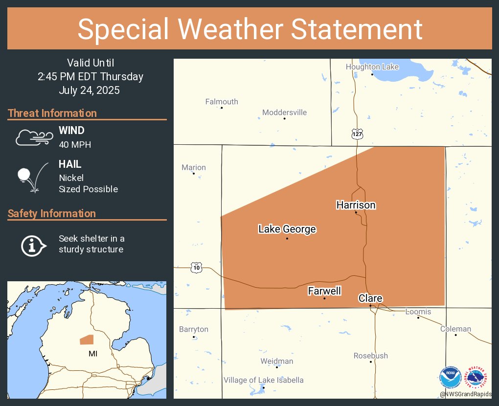 NWSGrandRapids's tweet image. A special weather statement has been issued for Clare MI, Harrison MI and Farwell MI until 2:45 PM EDT
