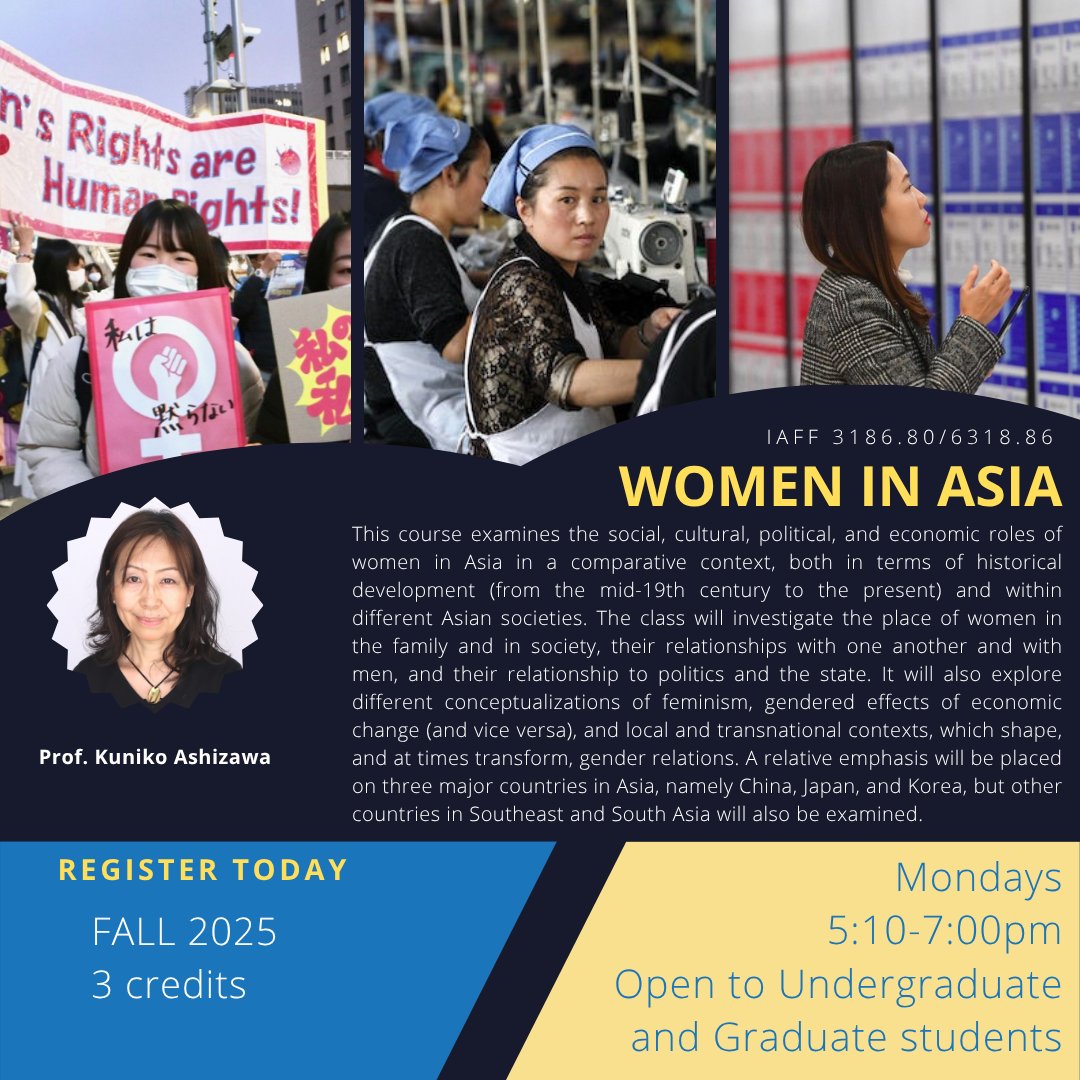 This Thursday, we are highlighting the course "Women in Asia," taught by Professor Kuniko Ashizawa. This course examines the social, cultural, political, and economic roles of women. This class is open to both undergraduate and graduate students. Sign up today!