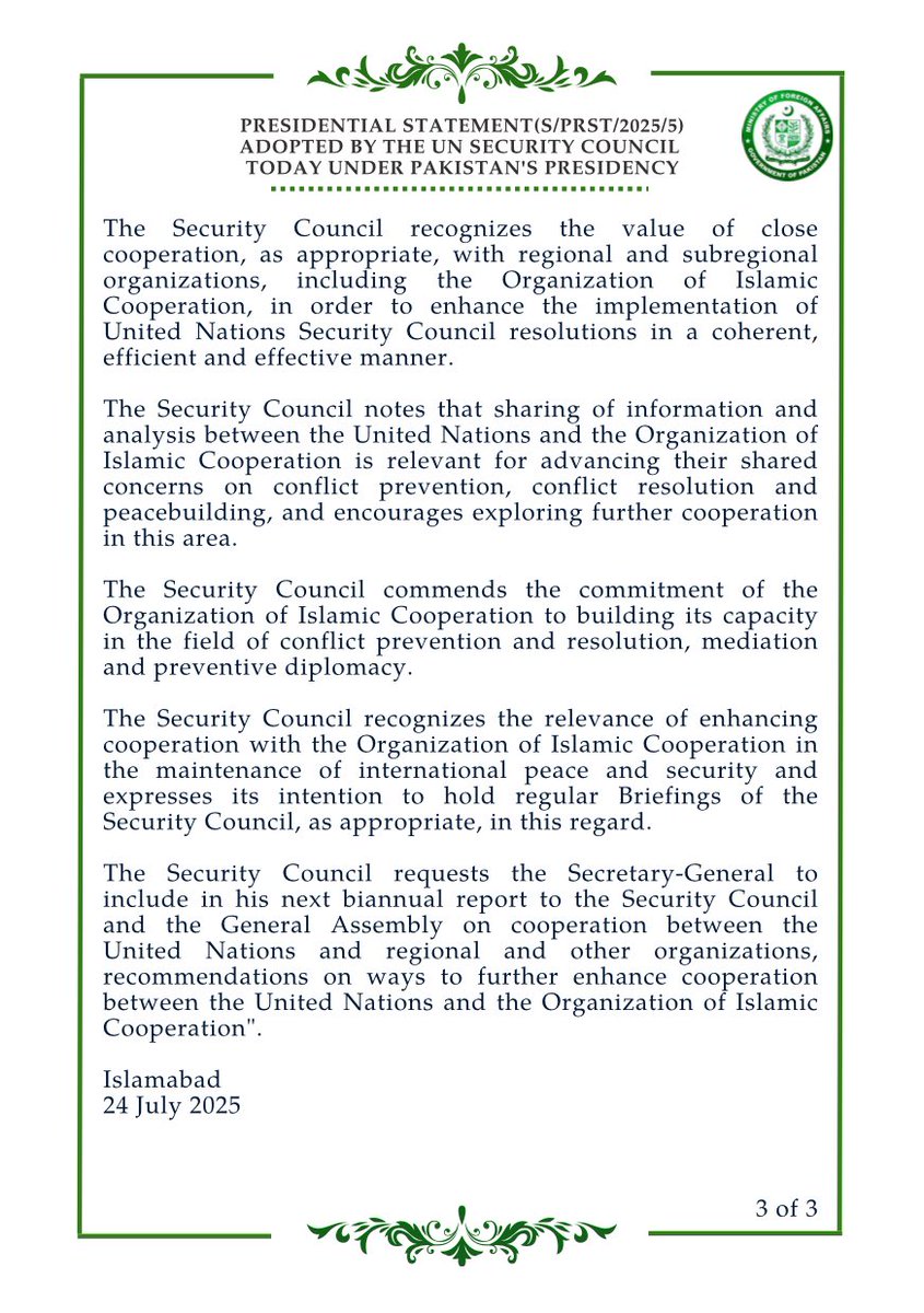 ForeignOfficePk's tweet image. Presidential Statement (S/PRST/2025/5) Adopted by the UN Security Council Today Under Pakistan's Presidency.
🔗⬇️
mofa.gov.pk/press-releases…