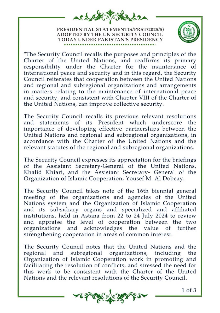 ForeignOfficePk's tweet image. Presidential Statement (S/PRST/2025/5) Adopted by the UN Security Council Today Under Pakistan's Presidency.
🔗⬇️
mofa.gov.pk/press-releases…
