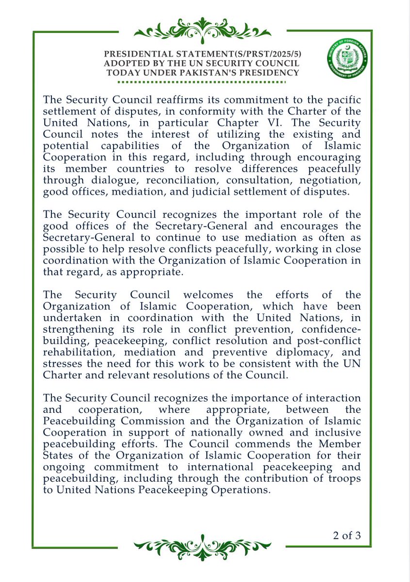 ForeignOfficePk's tweet image. Presidential Statement (S/PRST/2025/5) Adopted by the UN Security Council Today Under Pakistan's Presidency.
🔗⬇️
mofa.gov.pk/press-releases…