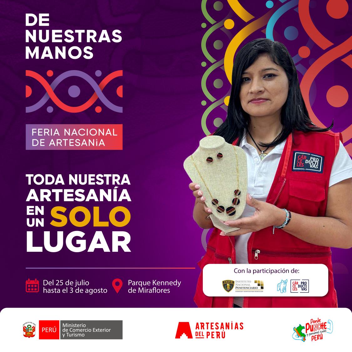 INPEgob's tweet image. ✨ ¡Cárceles Productivas presente en la Feria Nacional de Artesanía De Nuestras Manos! Del 25 de julio al 3 de agosto, te esperamos en el Parque Kennedy de Miraflores con productos únicos elaborados por personas privadas de libertad. #DeNuestrasManos #CompraConPropósito