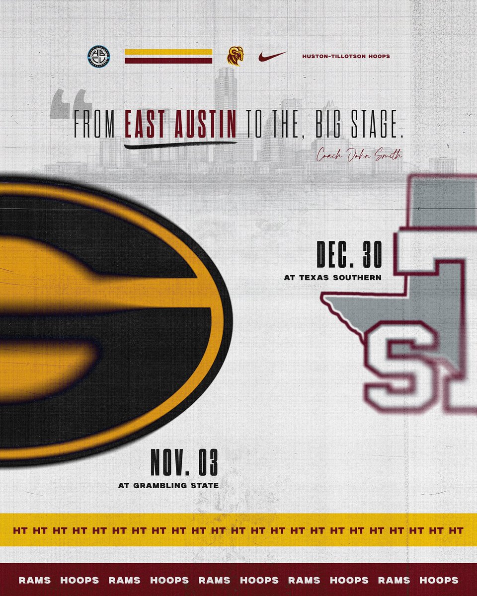 CoachJohnASmith's tweet image. From EAST AUSTIN to the BIG HBCU STAGE! - save the dates. NOVEMBER 3rd HT RAMS vs GRAMBLING TIGERS -DECEMBER 30th HT RAMS vs TEXAS SOUTHERN. Whoโs rolling to Louisiana and Houston to represent Huston-Tillotson? Rams Almuni, how youโre feeling ๐. Game times announced soon ๐ฅ๐ธ