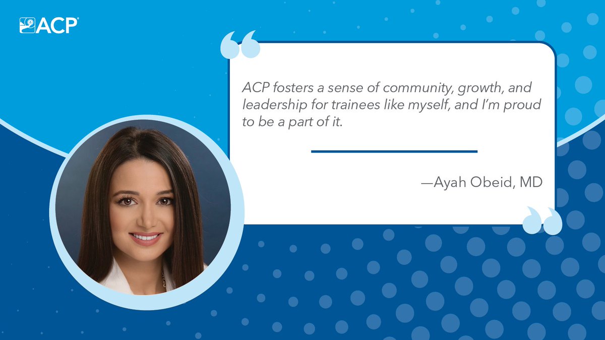 ACPIMPhysicians's tweet image. One of ACP’s core goals is to foster the career and professional development of internal medicine physicians to maximize their potential at all career stages. Hear from @Ayah__Obeid on what she loves about her ACP membership. #IMProud #IMPhysician