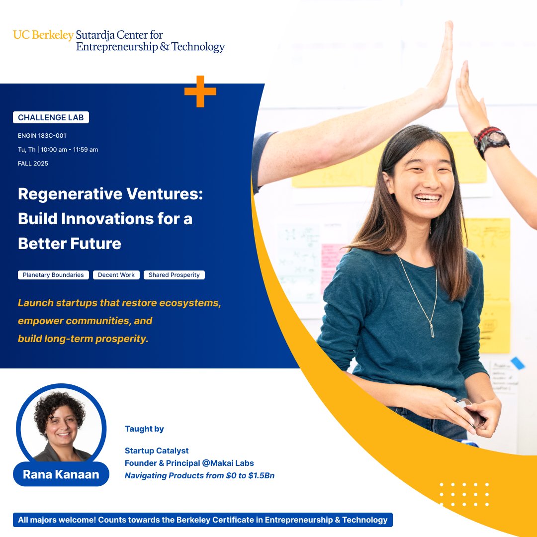 SutardjaCenter's tweet image. Check out our Fall 2025 offerings at SCET – where bold ideas meet real-world impact.
🔹 Startup Catalyst – Build a real startup from scratch
🔹Regenerative Ventures – Design ventures with no trade-offs: social, eco & financial
Learn more hubs.li/Q03yHBZW0
#ucberkeley