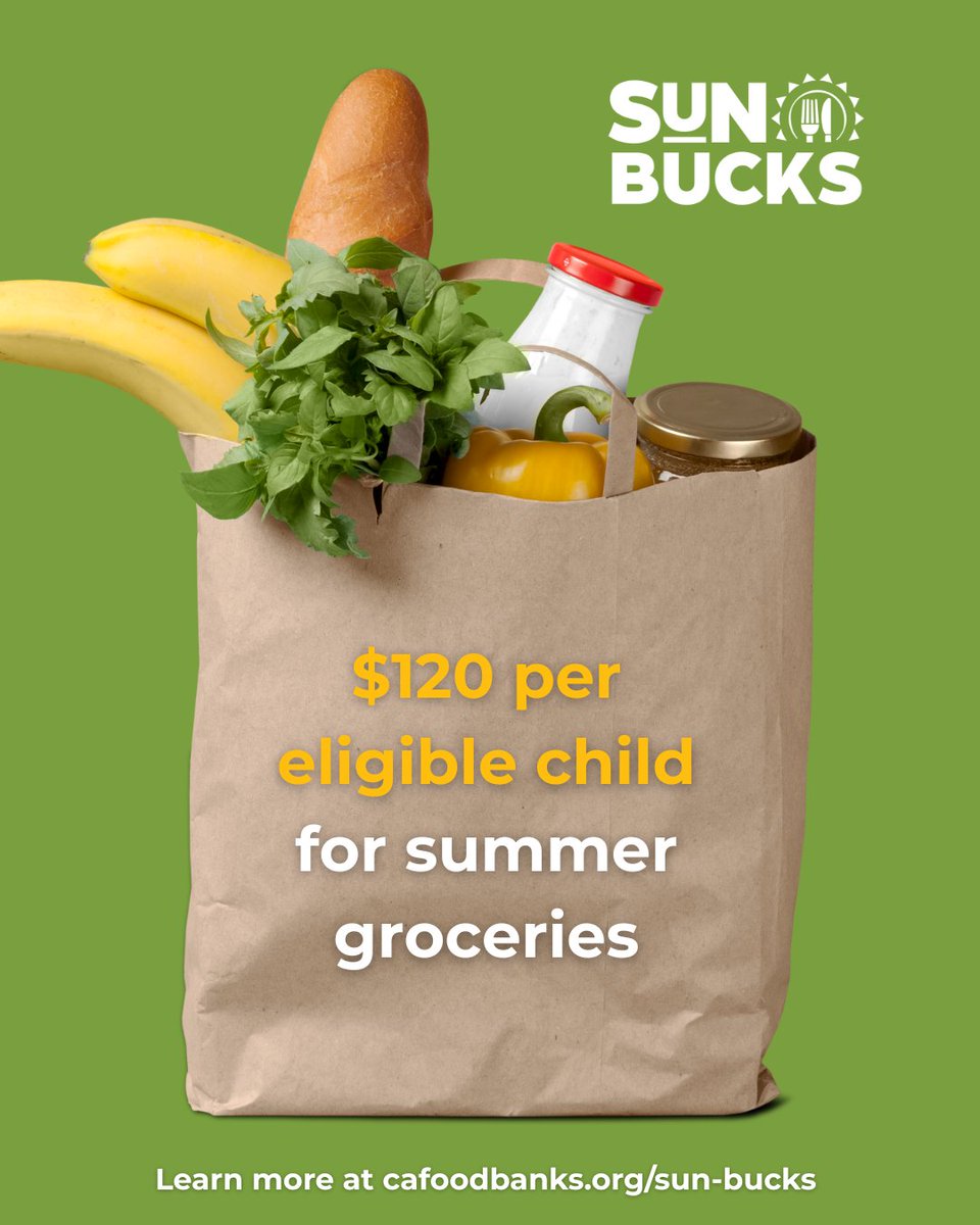 🕒 Make sure s to apply for SUN Buckby September 2, 2025 to get extra grocery money while school is out.

Families who qualify for free/reduced-price meals may be eligible — don’t miss this chance to get help with food costs! 🍎🥦

Learn how to apply here: cafoodbanks.org/sun-bucks?utm_…