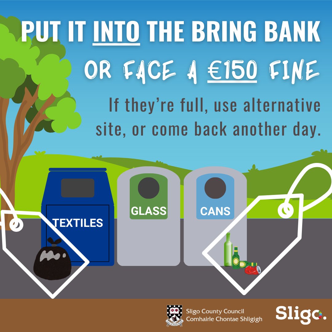 sligococo's tweet image. 🌍 Recycling Reminder 🌍
When recycling, do not litter the bring bank site. Take any bags, boxes, or other waste home with you. If the bring banks are full, take your recycling home or visit an alternative site.
#RespectTheBank #KeepItClean