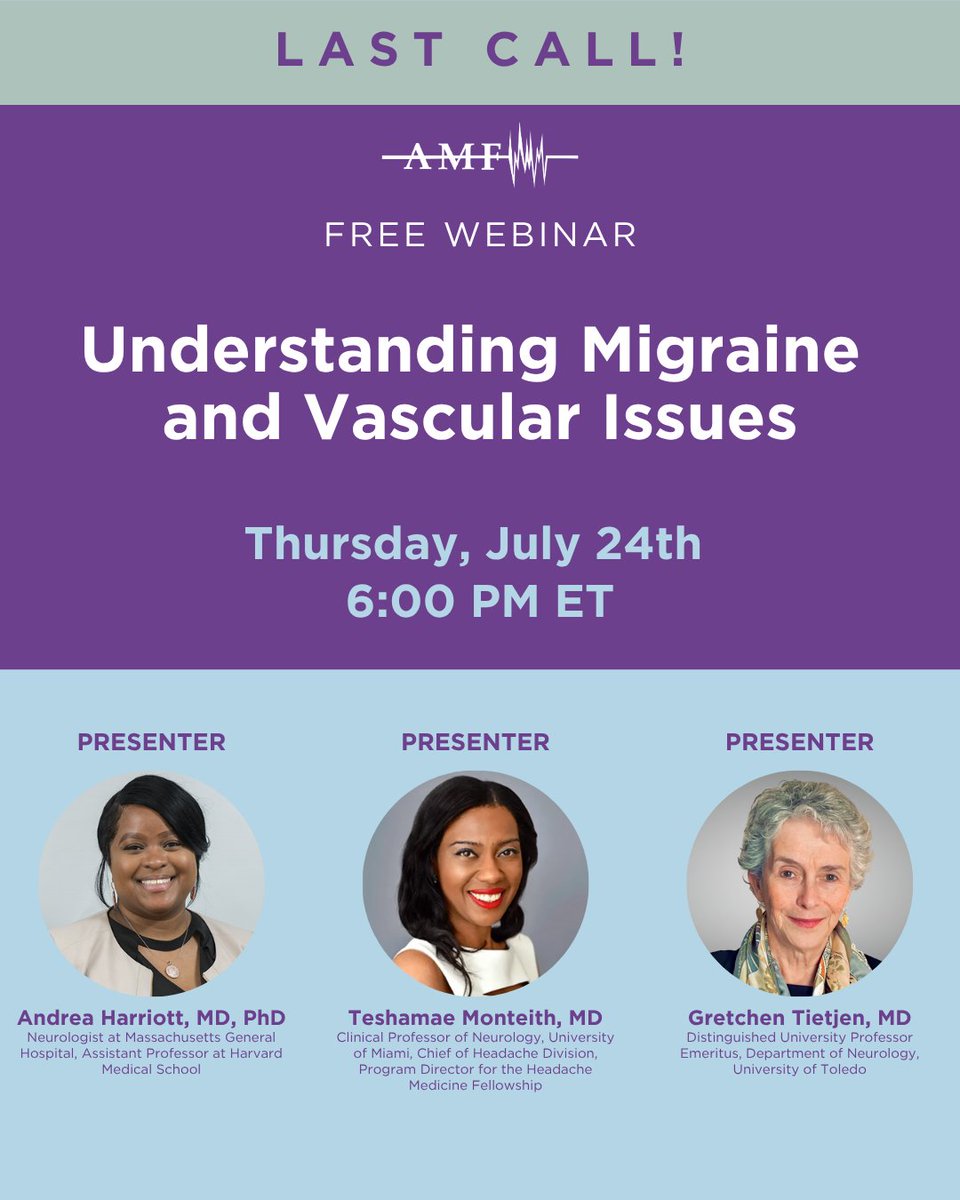 🚨 TODAY: Join our FREE webinar on migraine &amp; vascular issues at 6 p.m. ET. Learn how stroke, hormones, imaging &amp; medications relate to migraine. Don’t miss it!

🔗LAST CALL: us06web.zoom.us/webinar/regist…
.
.
.
#MoveAgainstMigraine #AmericanMigraineFoundation #amfmigraine #migraine