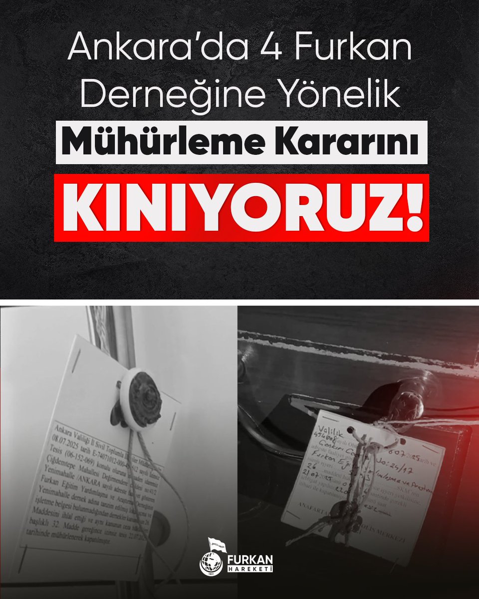 Ankara'da 4 Furkan Derneğine yönelik mühürleme kararını KINIYORUZ! 

Derneklerimizi Açın
#FurkanaSistematikZulüm